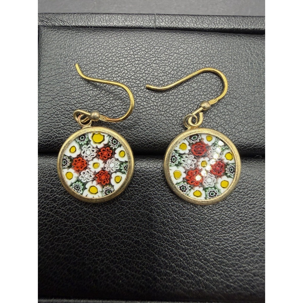 Vintage Gold Sterling Silver Millefiori Dangle Earrings 925 J8